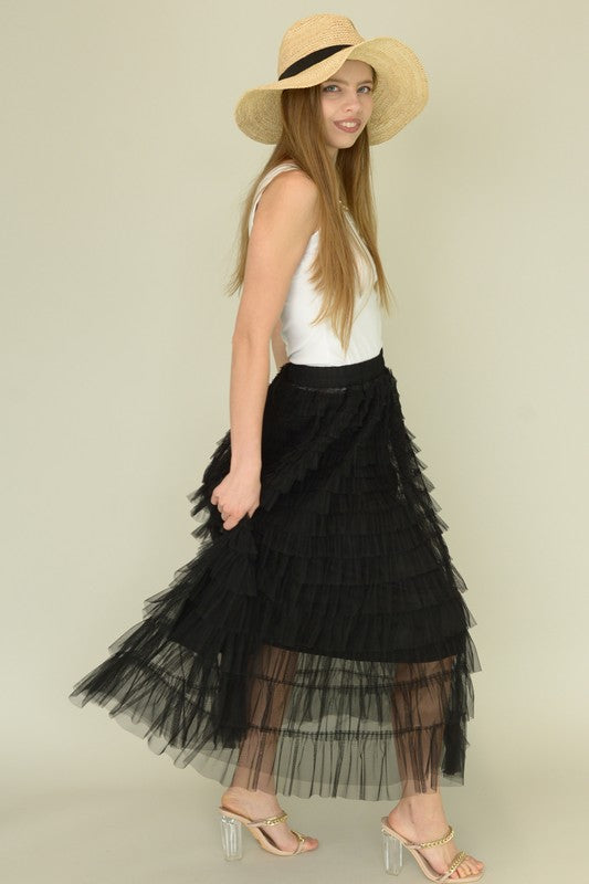 S2301CR54659-Mesh Ruffle Tiered Woven Skirt