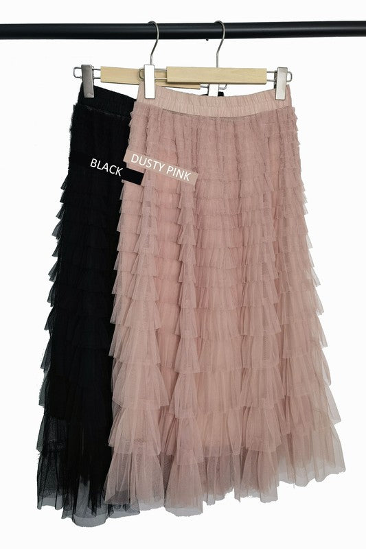 S2301CR54659-Mesh Ruffle Tiered Woven Skirt