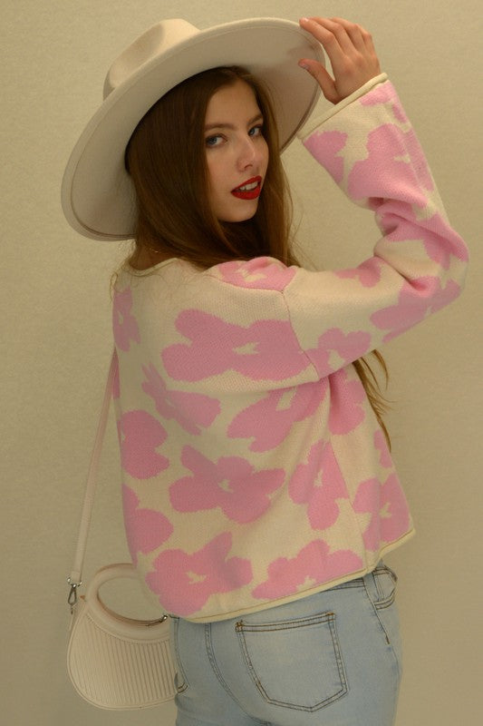 W2306JYYS86876-Lovely Flower Pattern Drop Shoulders Sweater Top
