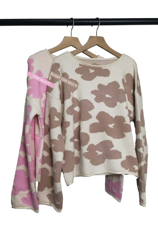 W2306JYYS86876-Lovely Flower Pattern Drop Shoulders Sweater Top
