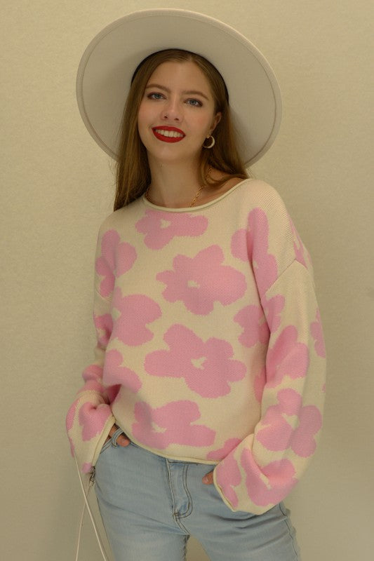W2306JYYS86876-Lovely Flower Pattern Drop Shoulders Sweater Top