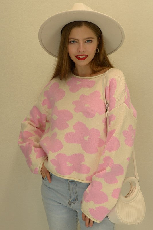 W2306JYYS86876-Lovely Flower Pattern Drop Shoulders Sweater Top