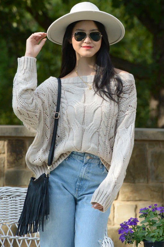 52111TSF-Chic Off The Shoulder Long Sleeves Sweater