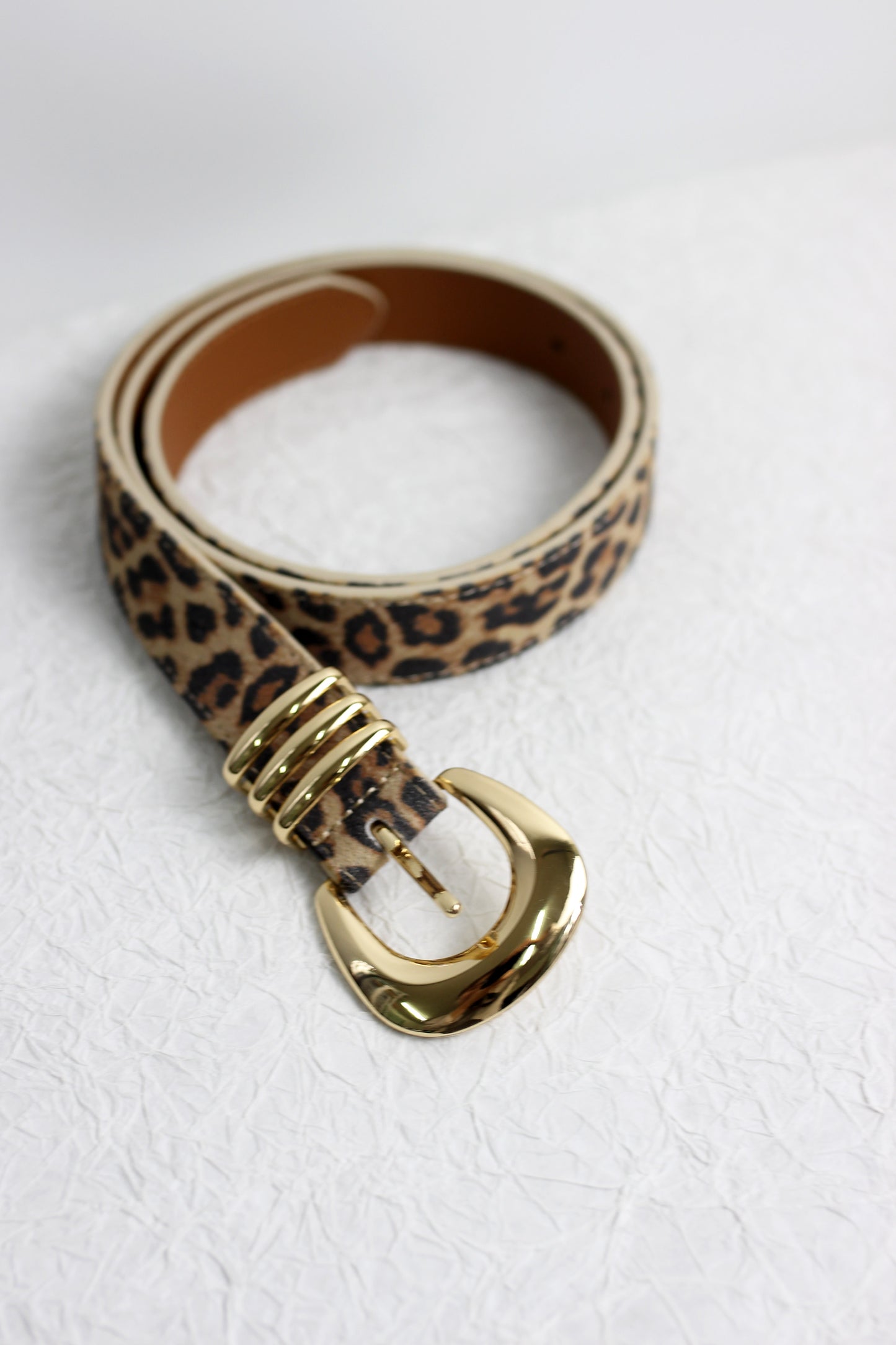 A2409DJN50748 - Leopard Print Leather Belt with Gold Buckle