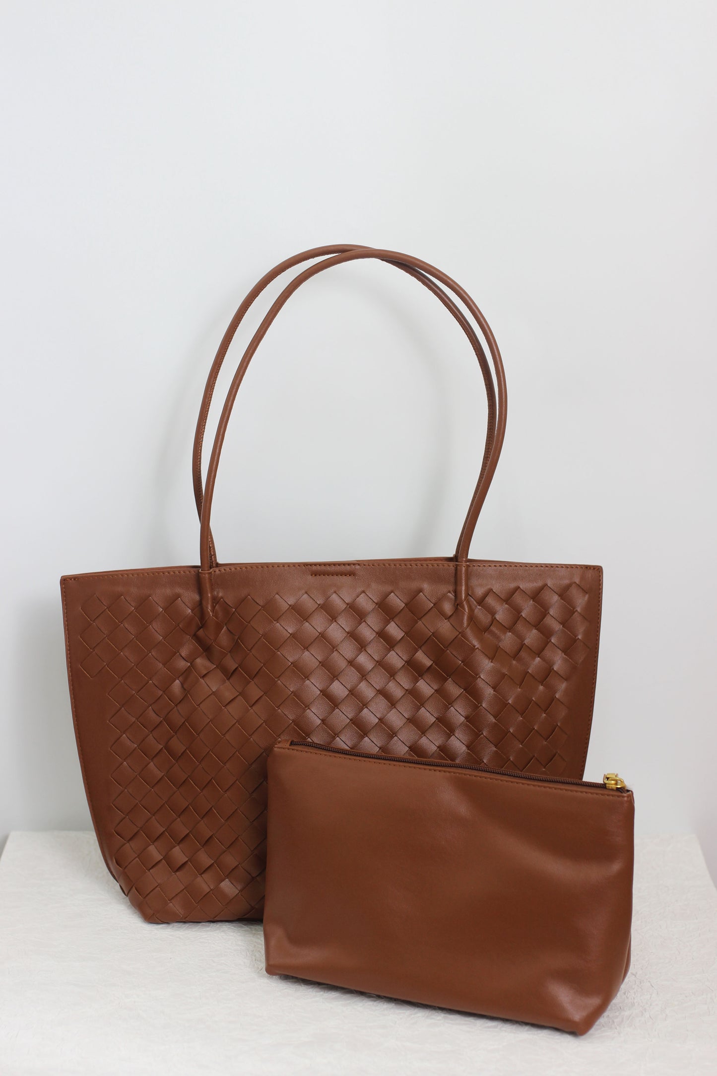 A2411CX52717 - Woven PU Leather Tote Bag with Pouch