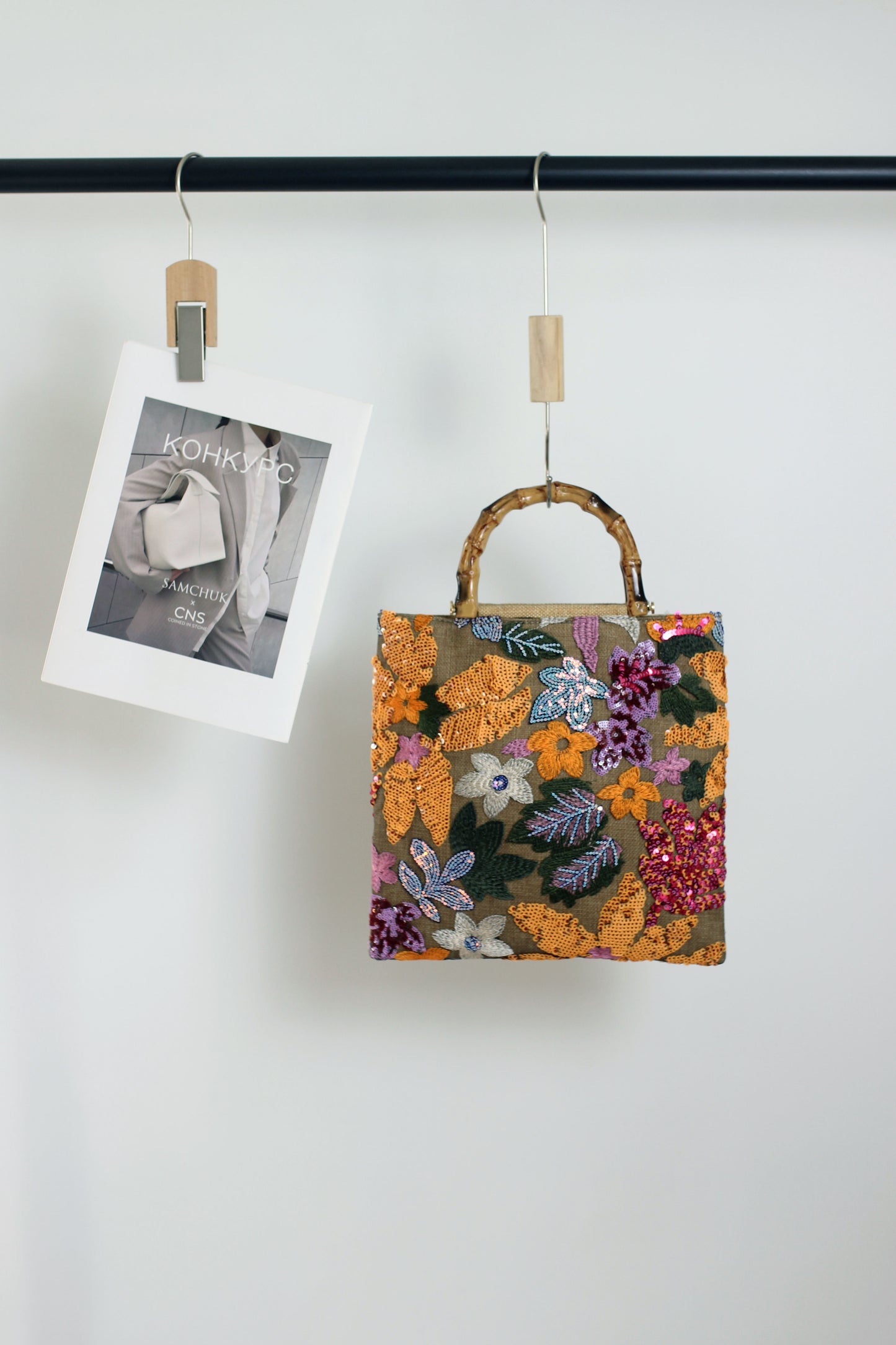 A2412BW10857 - Floral Embroidered Handbag with Bamboo Handle