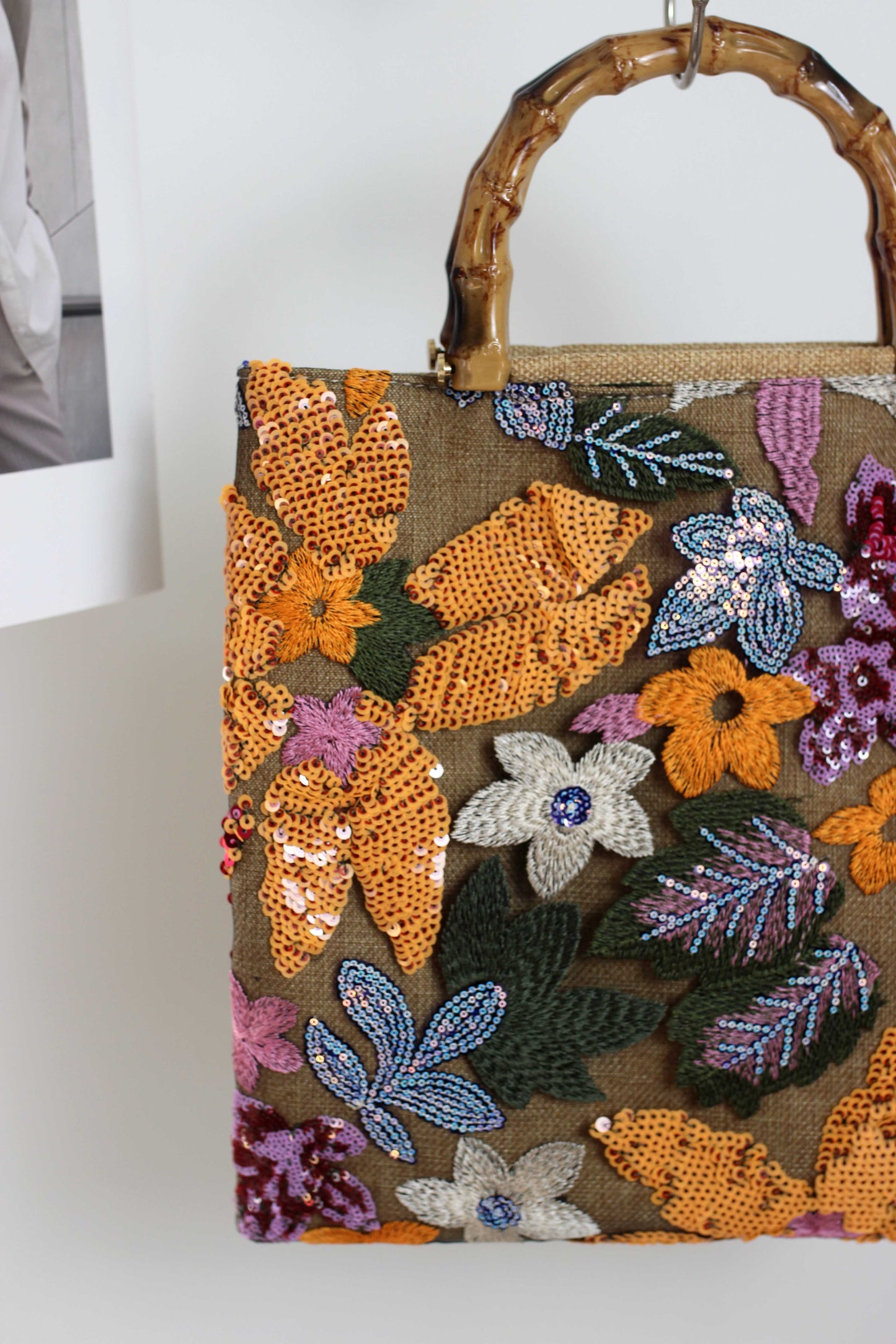 A2412BW10857 - Floral Embroidered Handbag with Bamboo Handle