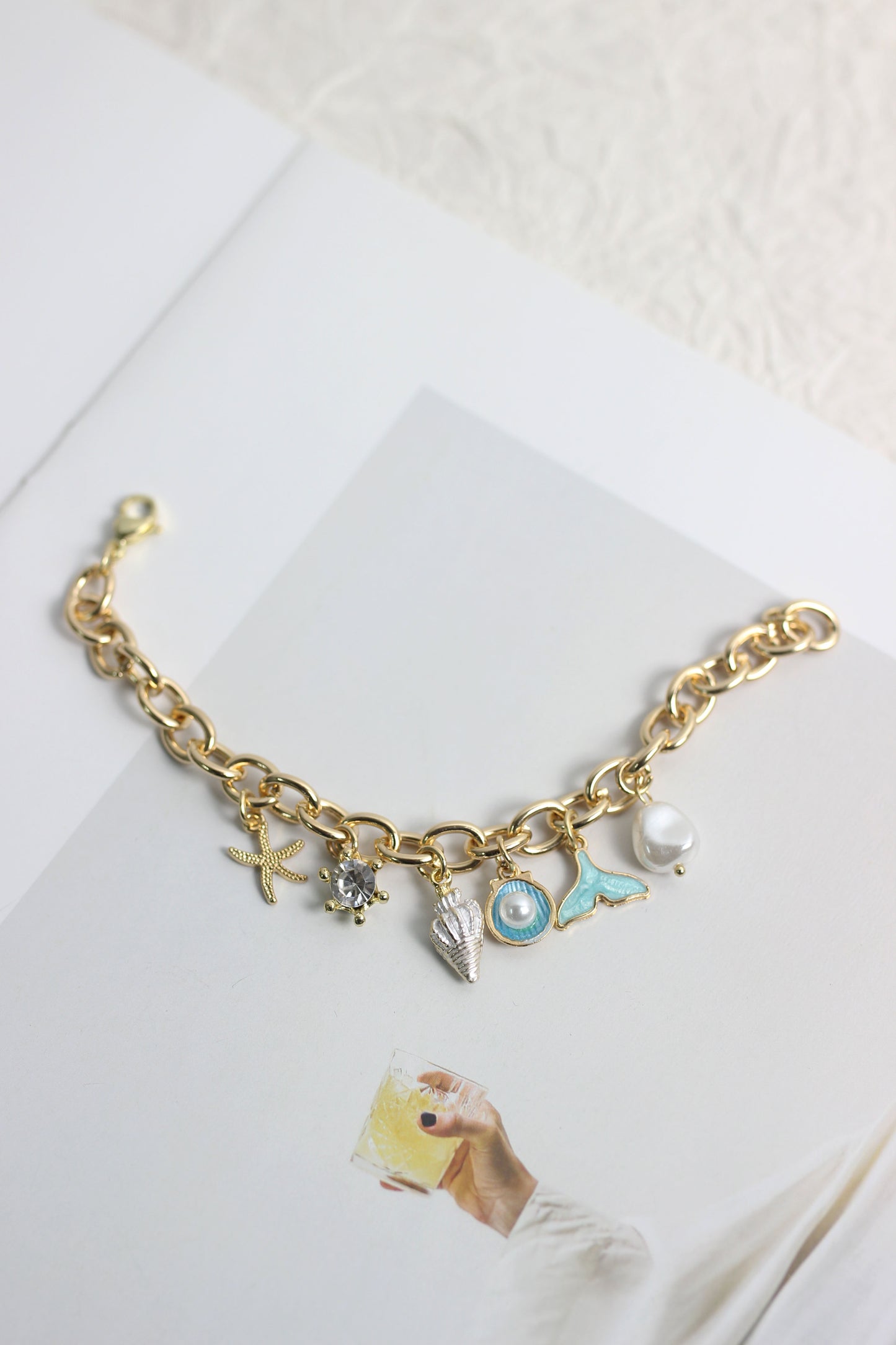 A2503PY19465 - Gold Coastal Charm Bracelet with Pearl and Ocean-Inspired Pendants