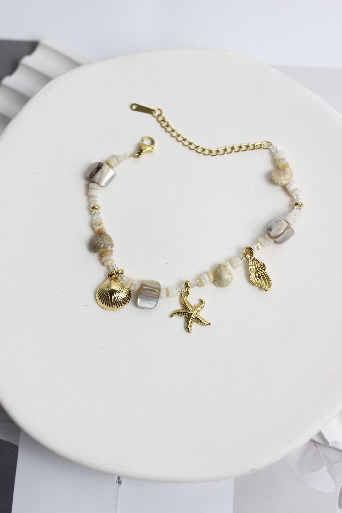 A2505MJ88347 - Shell & Stone Charm Bracelet with 18K Gold Plated Accents