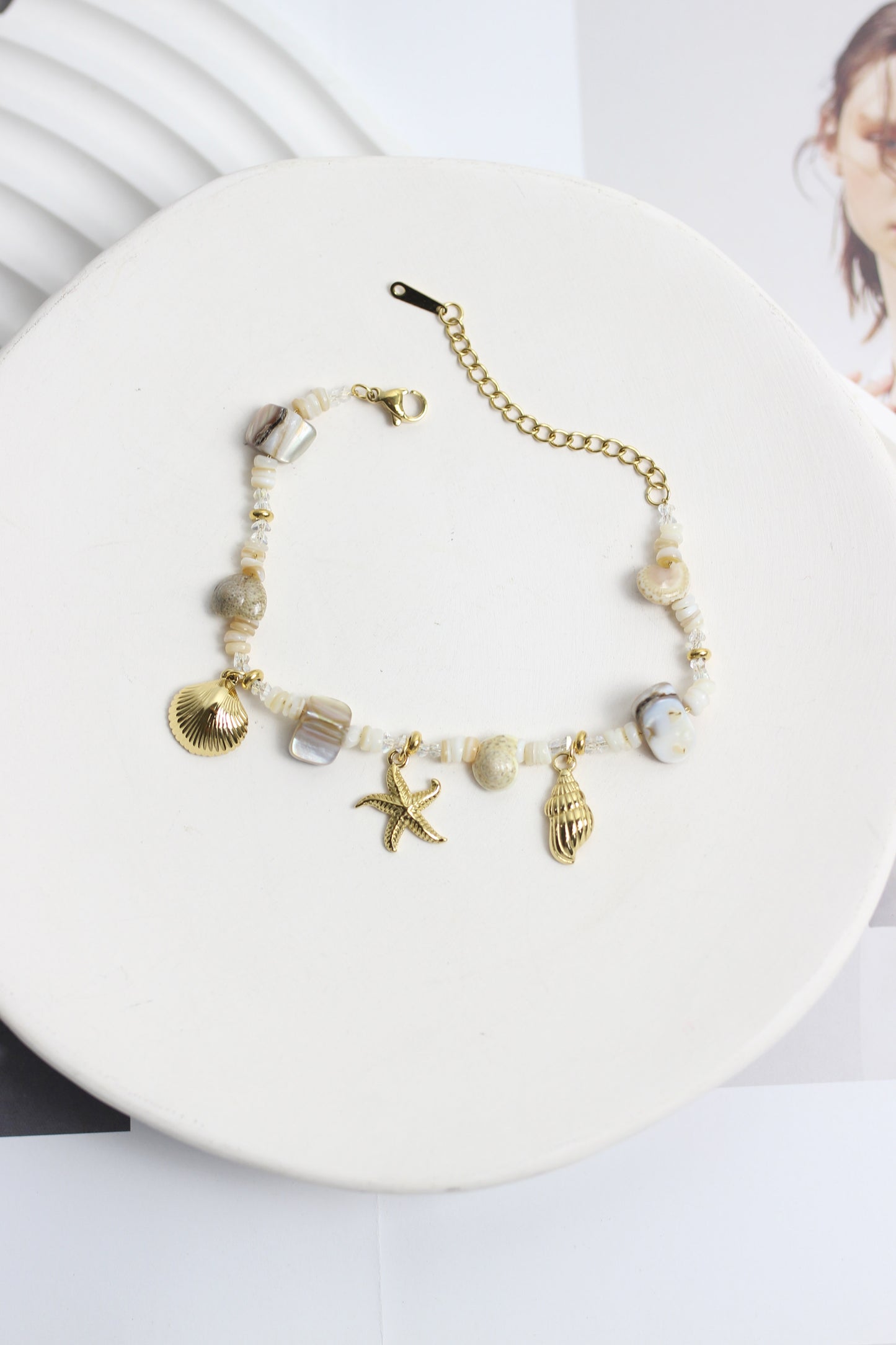 A2505MJ88347 - Shell & Stone Charm Bracelet with 18K Gold Plated Accents