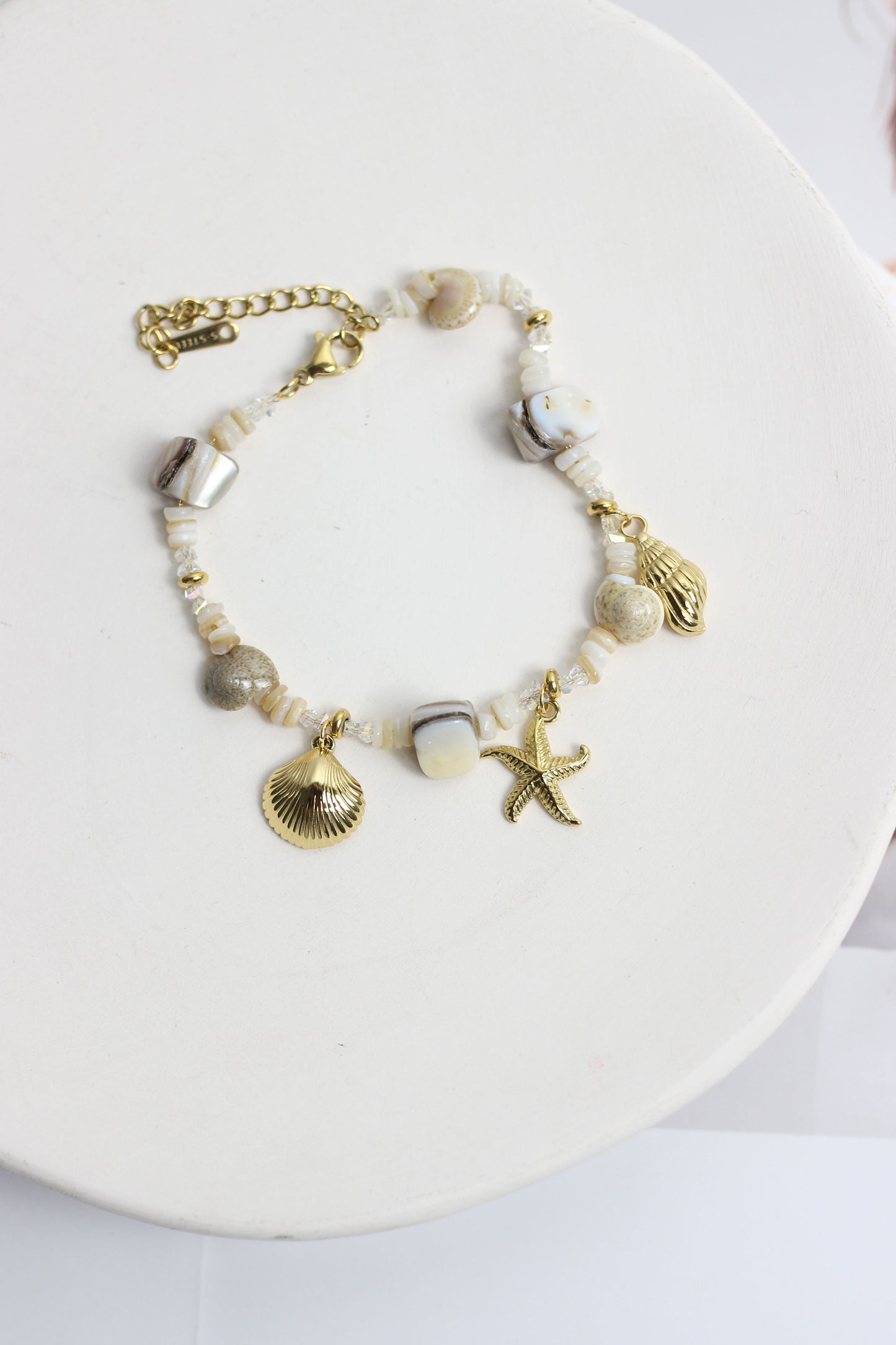 A2505MJ88347 - Shell & Stone Charm Bracelet with 18K Gold Plated Accents