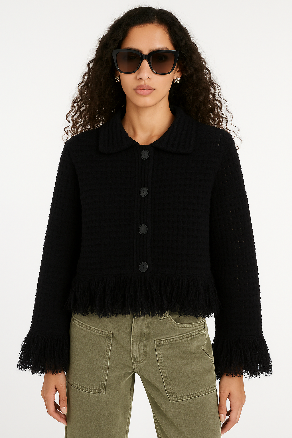 W2506SM93921 - Fringe Trim Hollow Knit Button-Up Cardigan