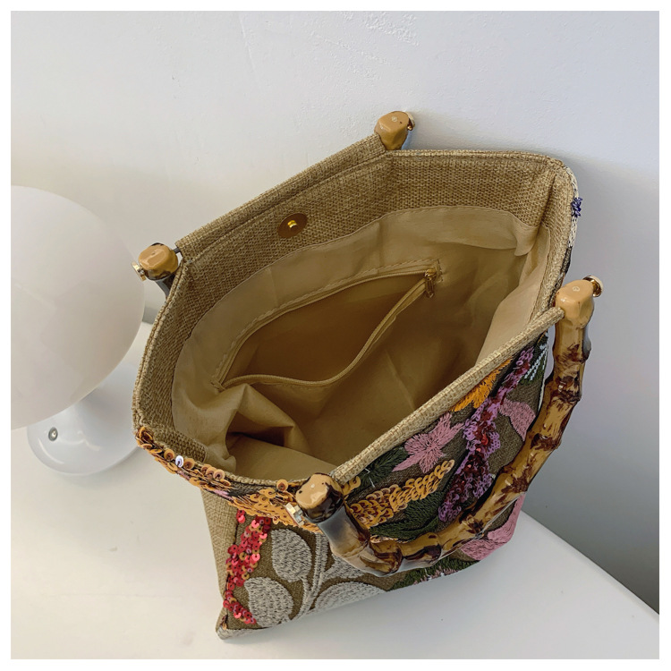 A2412BW10857 - Floral Embroidered Handbag with Bamboo Handle