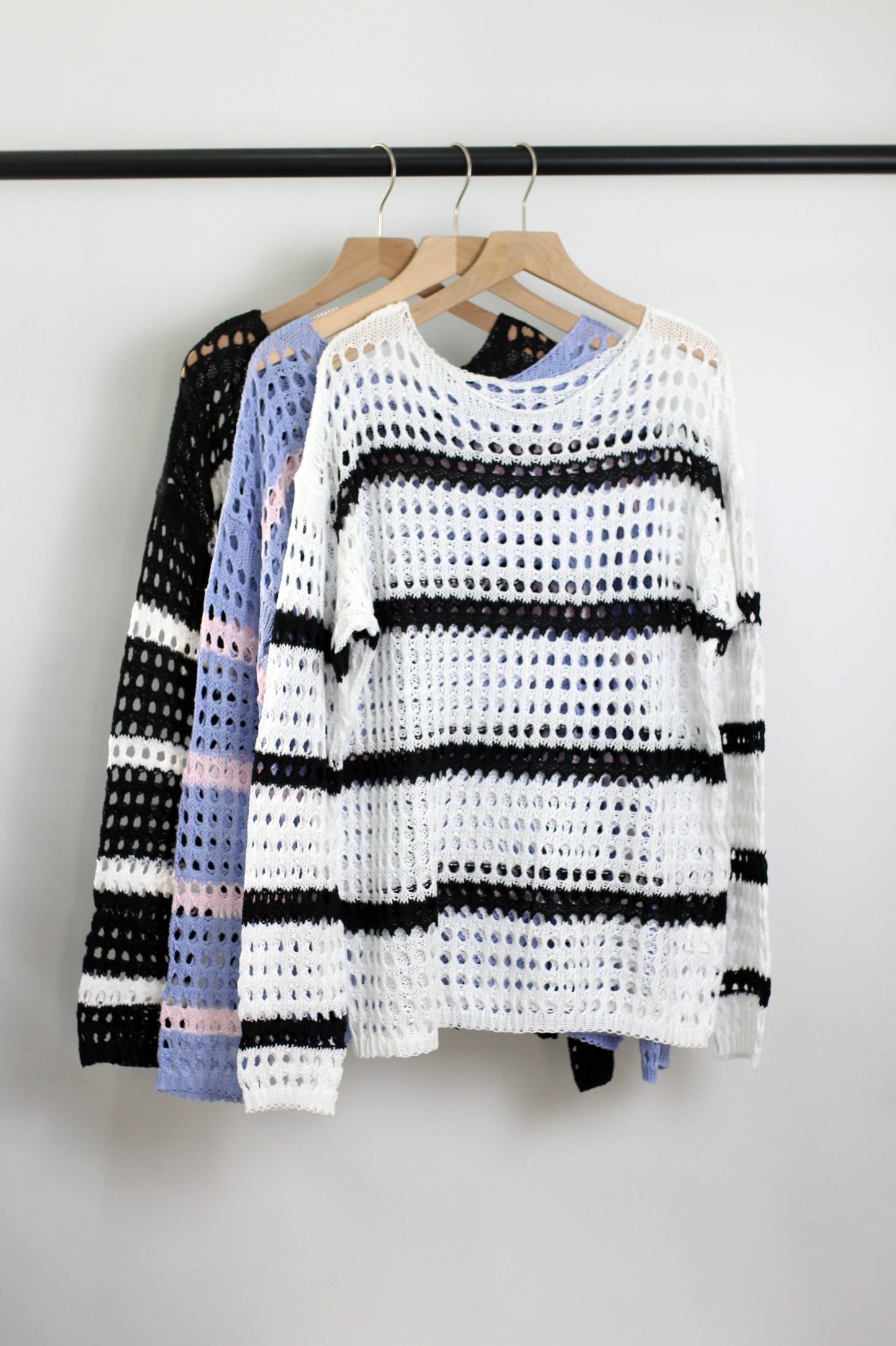 T2501JYYS31148 - Striped Open-Knit Crochet Sweater