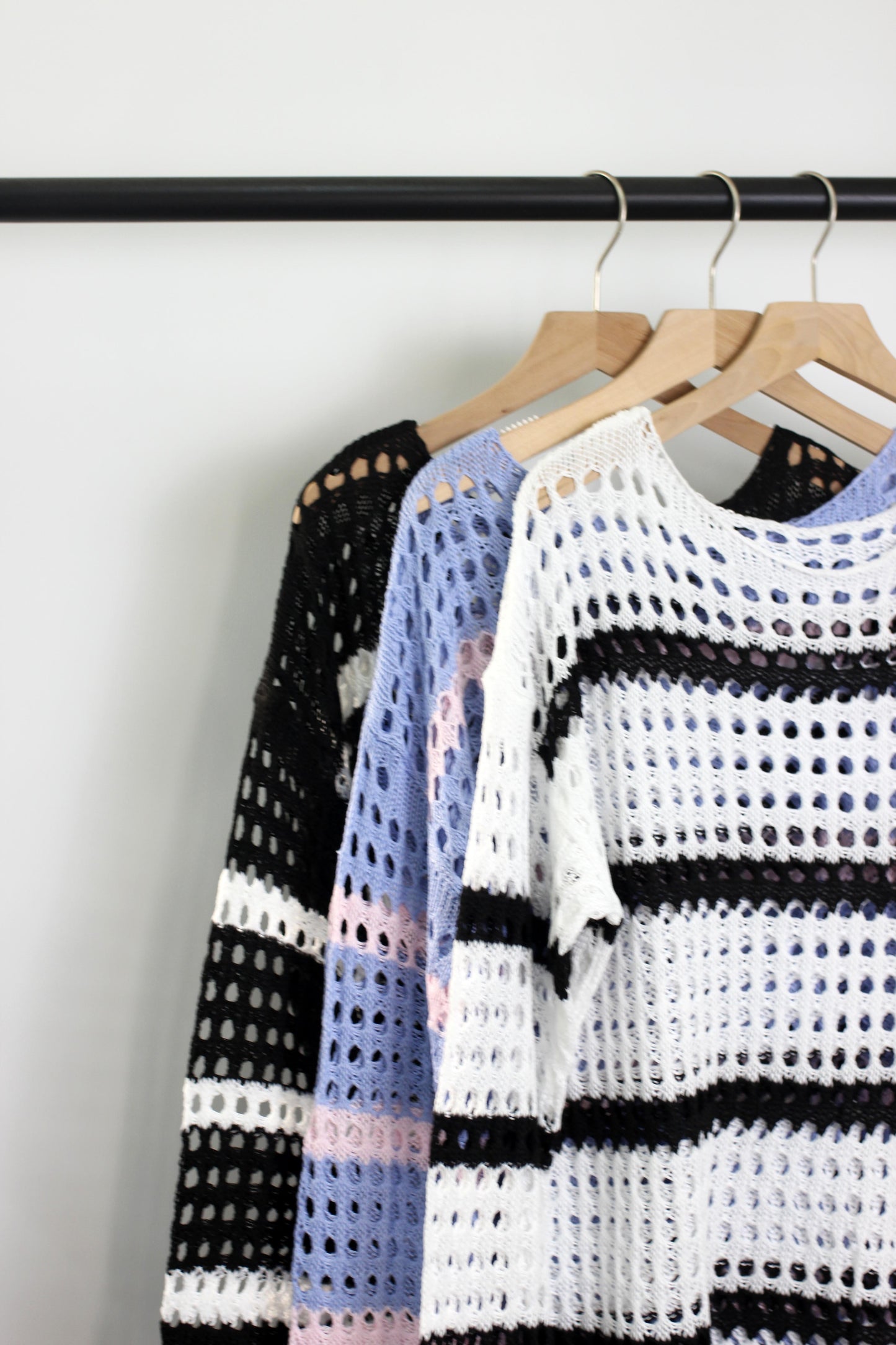 T2501JYYS31148 - Striped Open-Knit Crochet Sweater