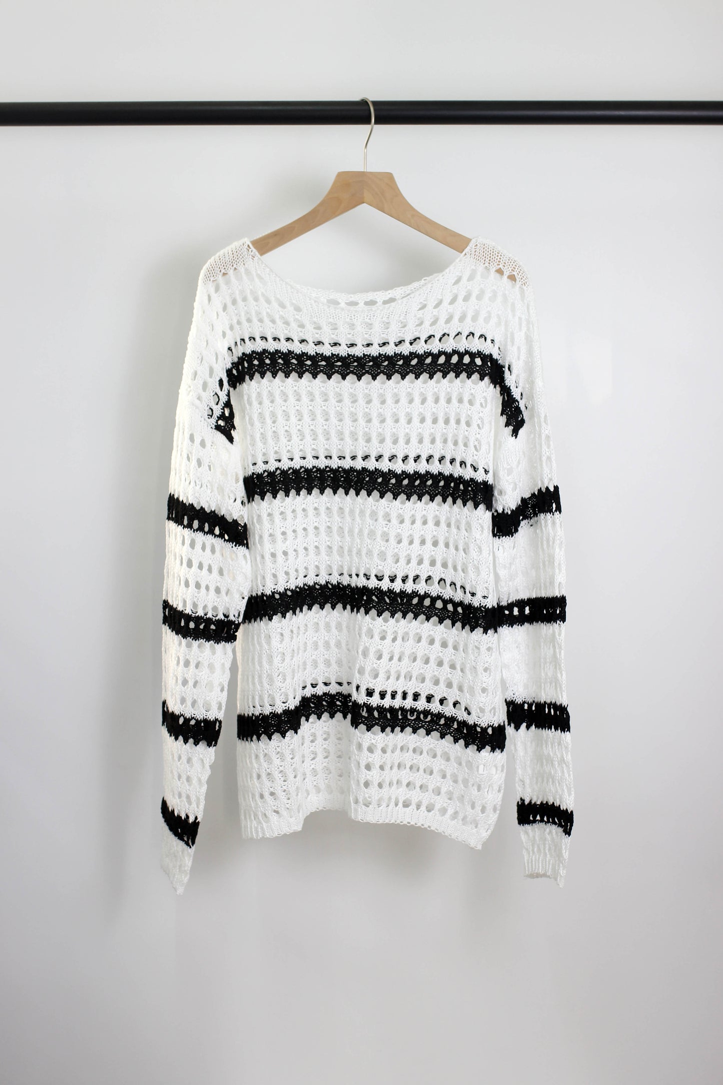 T2501JYYS31148 - Striped Open-Knit Crochet Sweater
