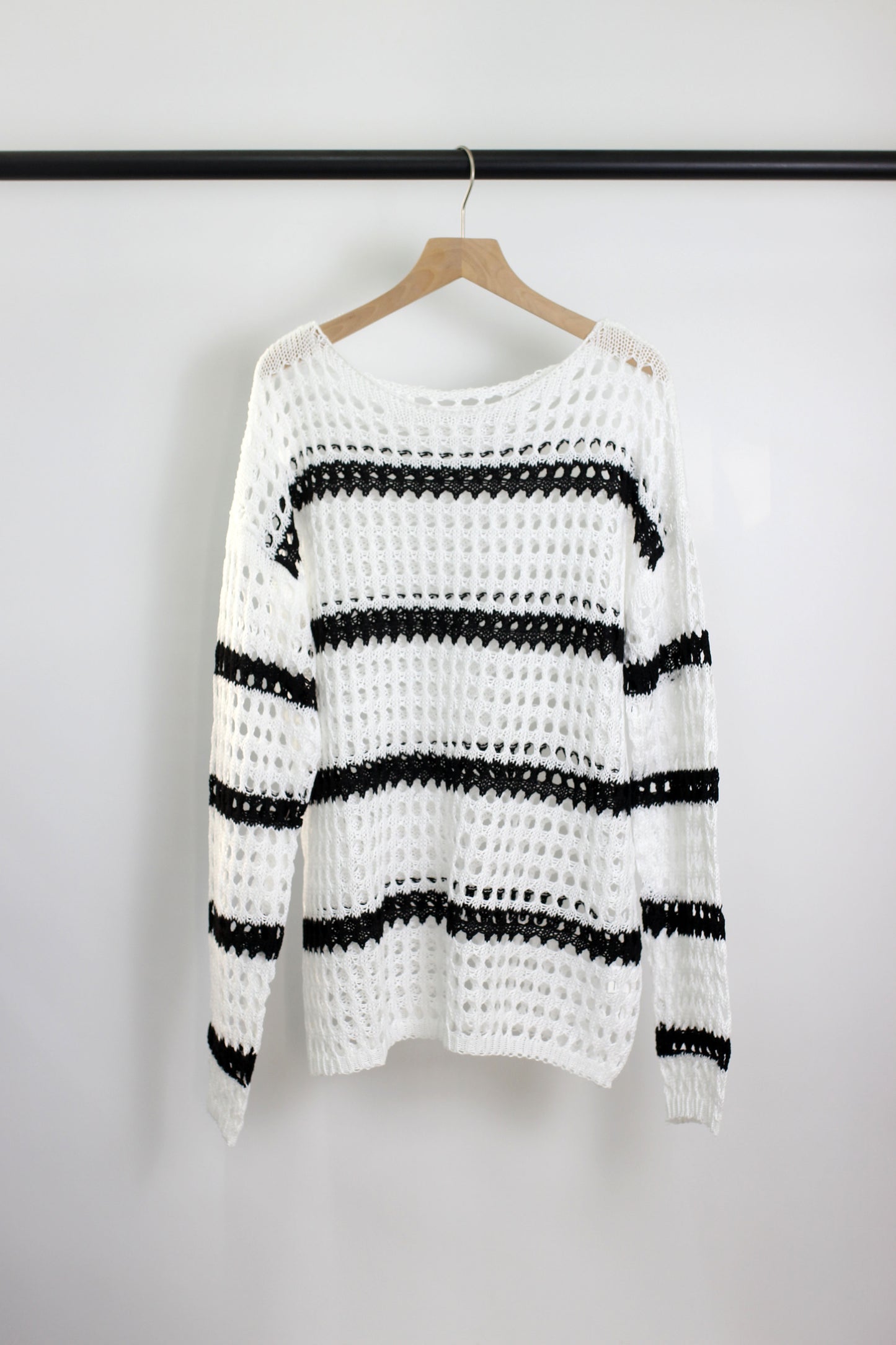 T2501JYYS31148 - Striped Open-Knit Crochet Sweater