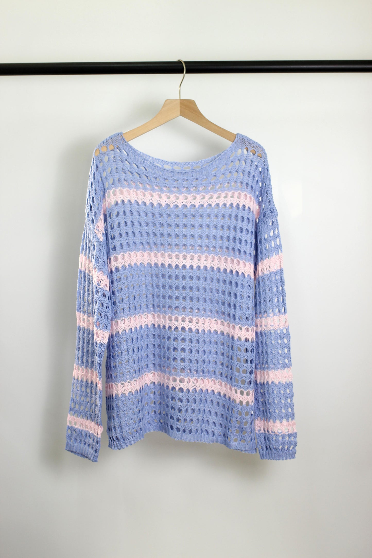 T2501JYYS31148 - Striped Open-Knit Crochet Sweater