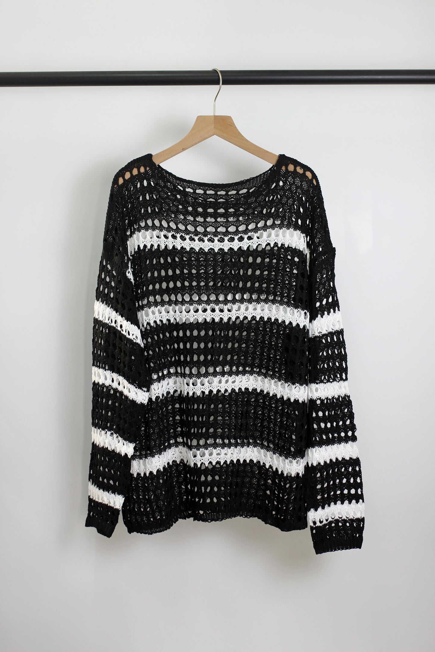 T2501JYYS31148 - Striped Open-Knit Crochet Sweater