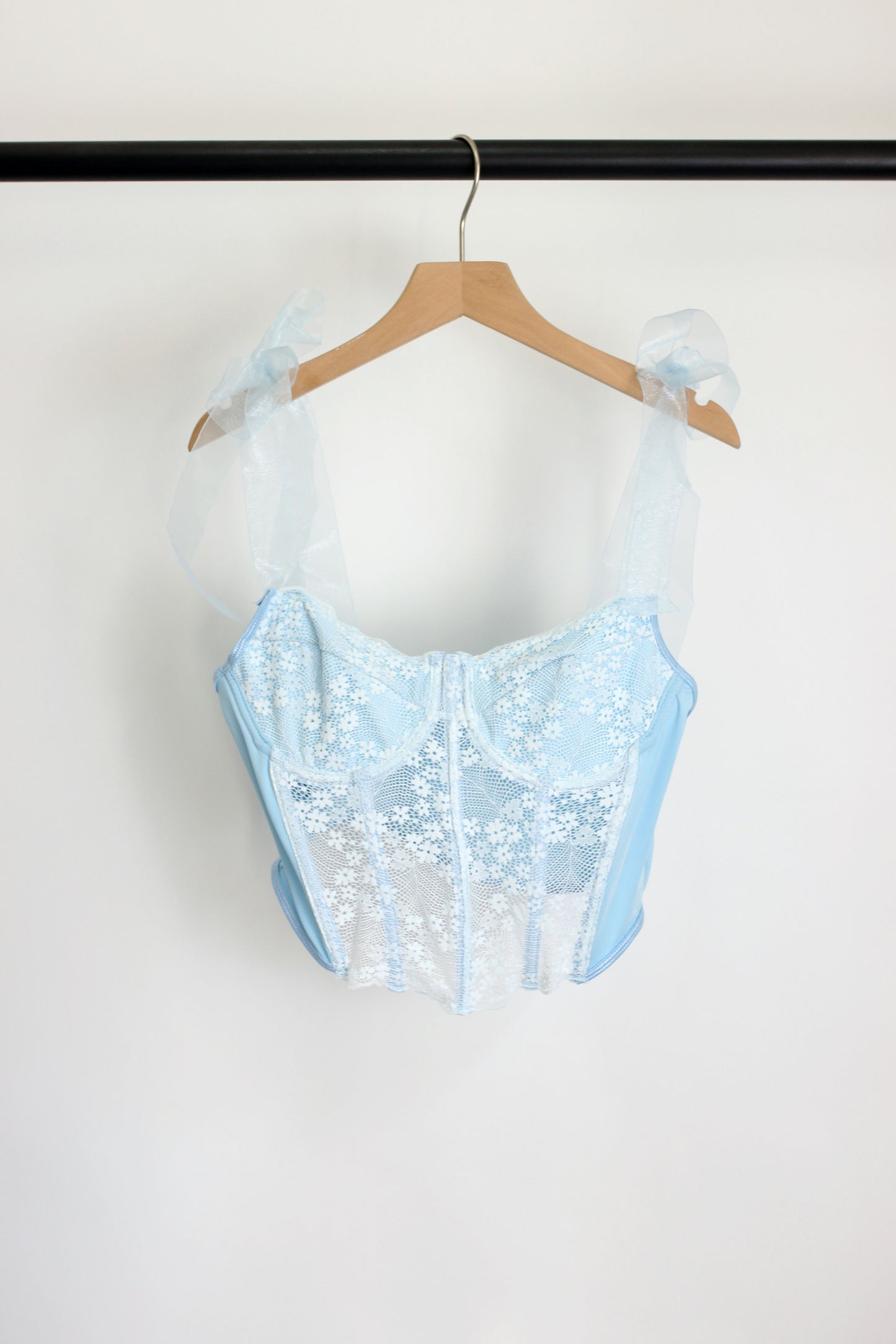 T2502TLQ68869 - Lace-Up Sheer Ribbon Strap Bustier Crop Top