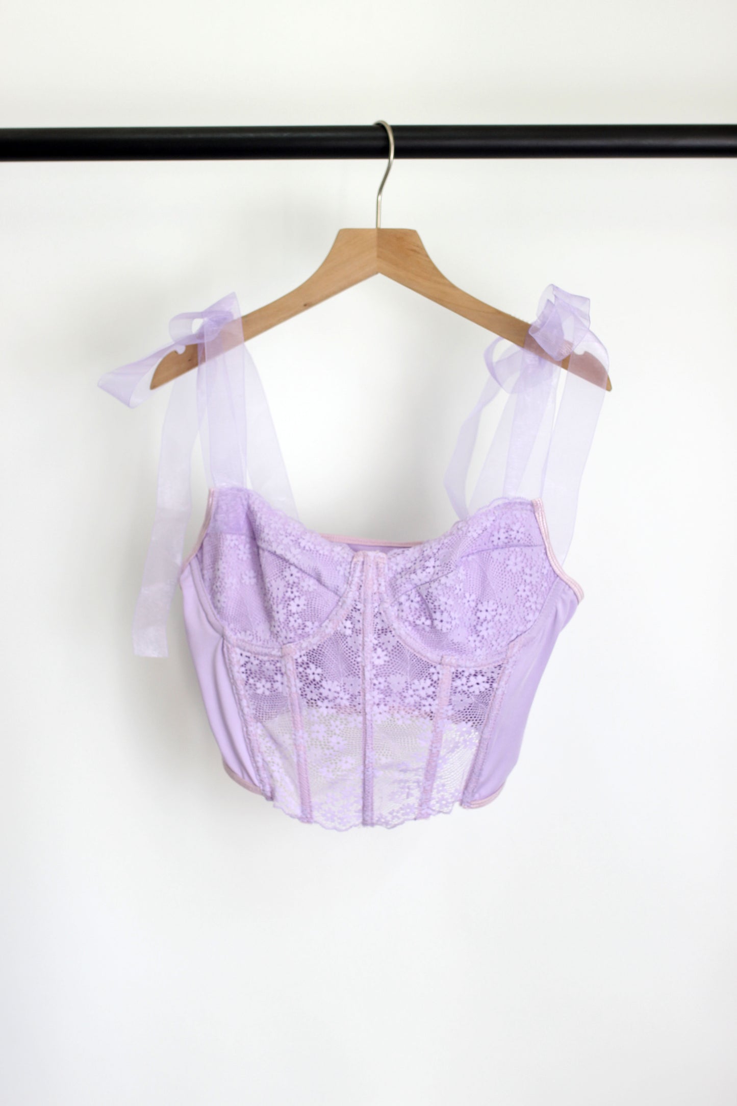 T2502TLQ68869 - Lace-Up Sheer Ribbon Strap Bustier Crop Top