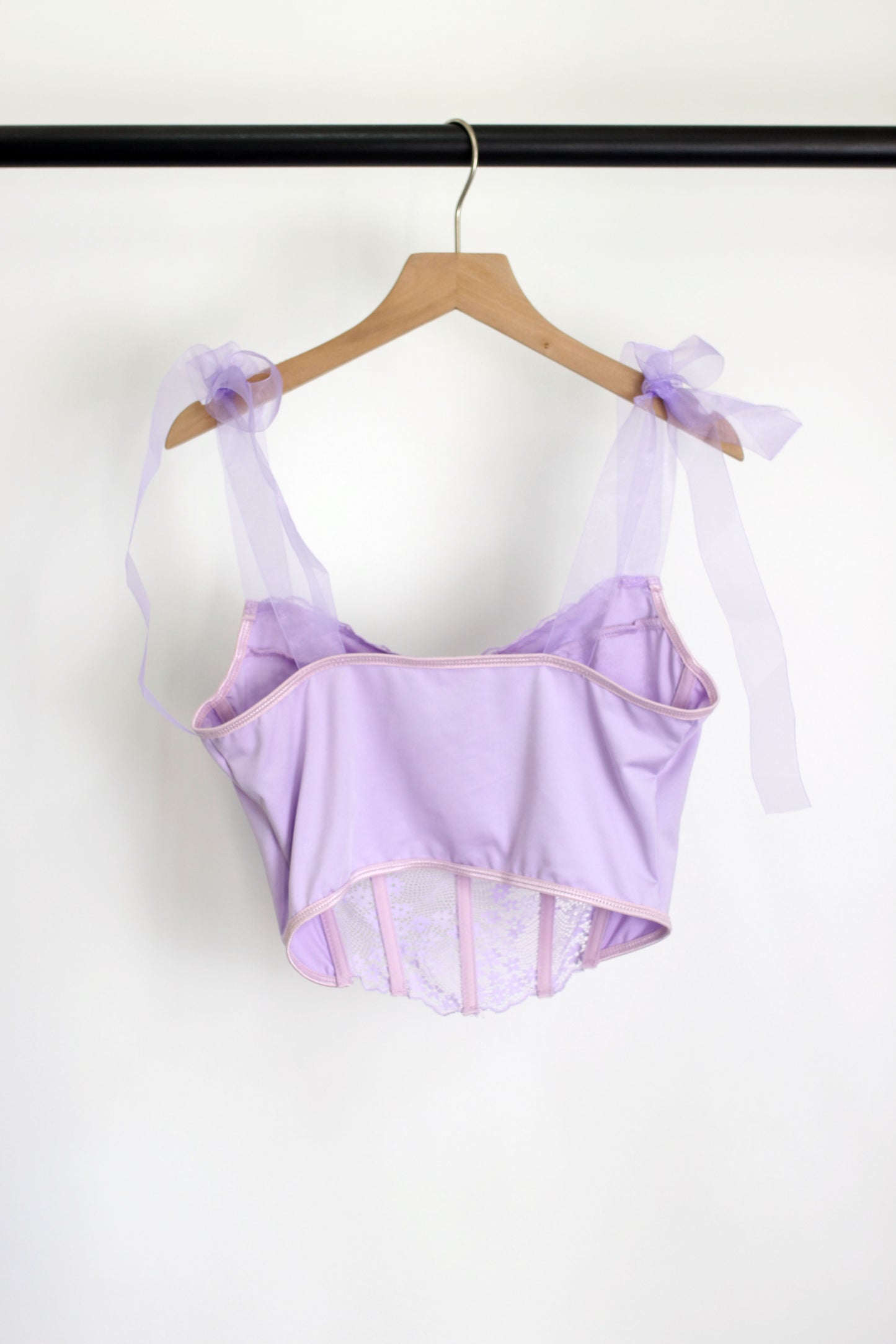 T2502TLQ68869 - Lace-Up Sheer Ribbon Strap Bustier Crop Top