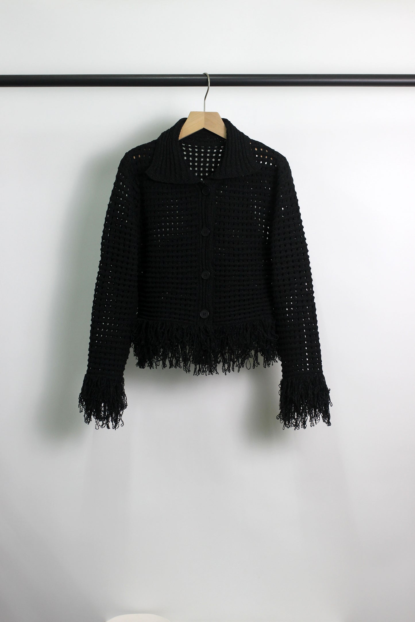 W2506SM93921 - Fringe Trim Hollow Knit Button-Up Cardigan