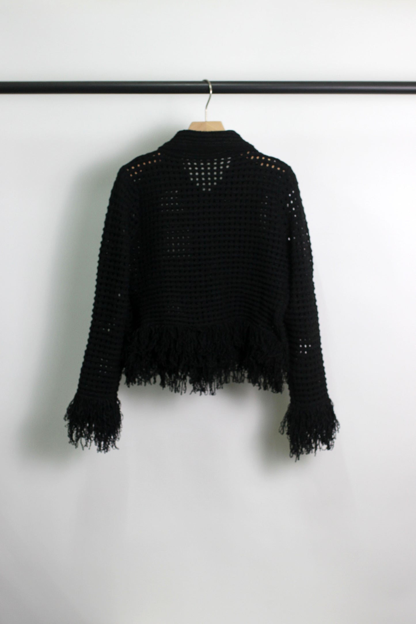 W2506SM93921 - Fringe Trim Hollow Knit Button-Up Cardigan