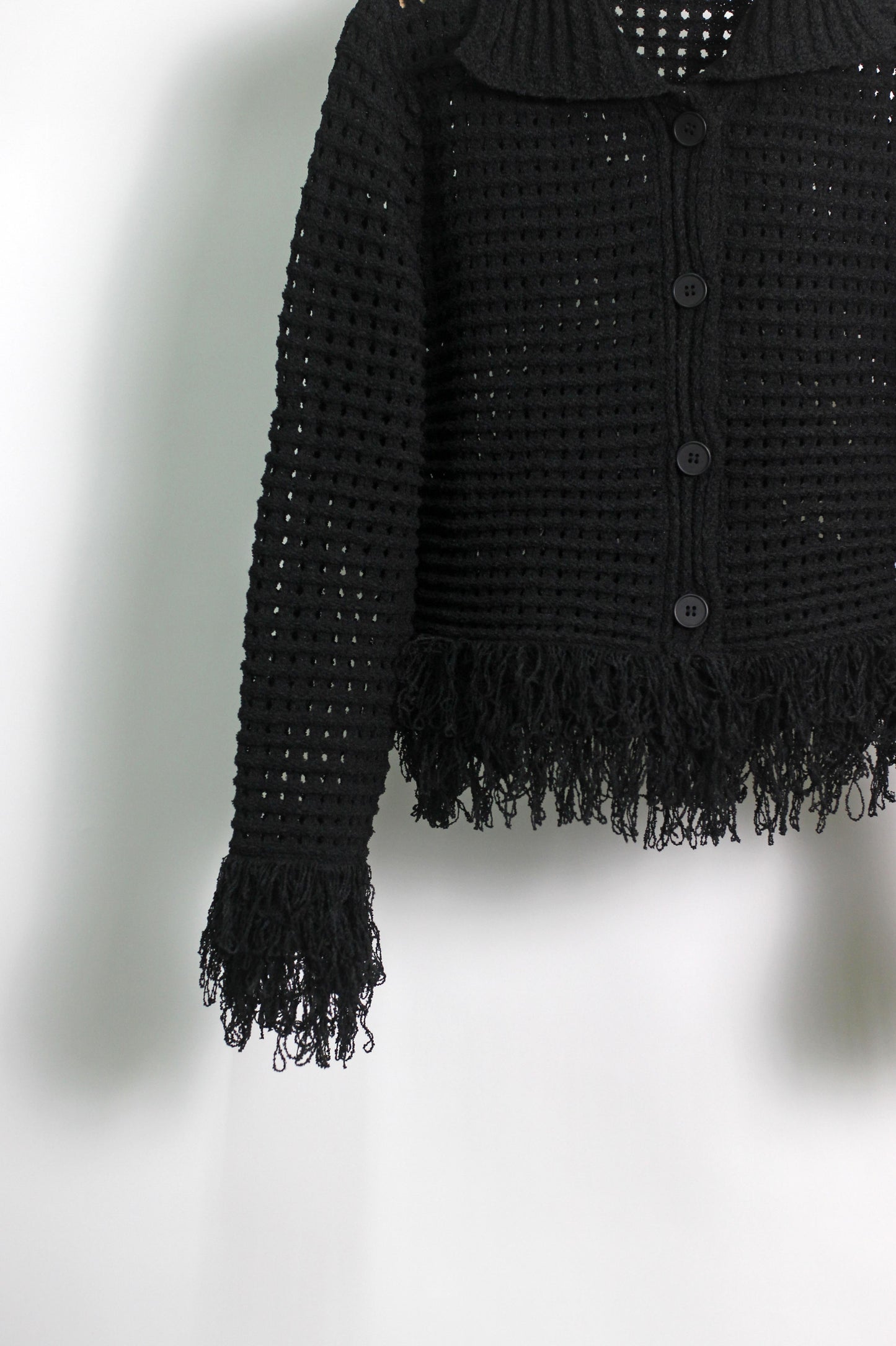 W2506SM93921 - Fringe Trim Hollow Knit Button-Up Cardigan