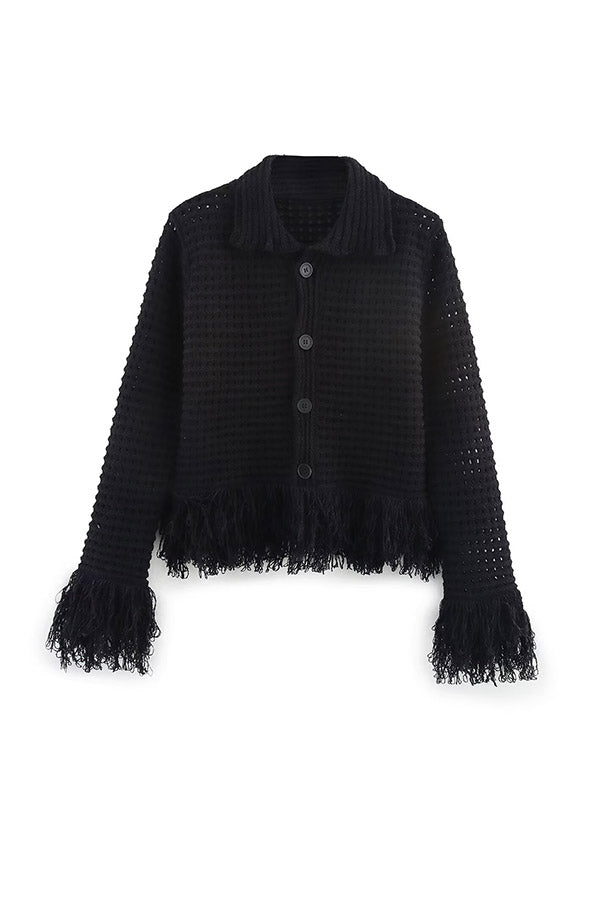 W2506SM93921 - Fringe Trim Hollow Knit Button-Up Cardigan