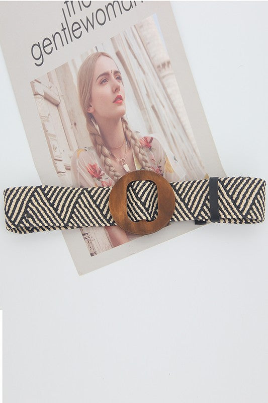 49512BXH-Woven Straw Wooden Buckle Belt
