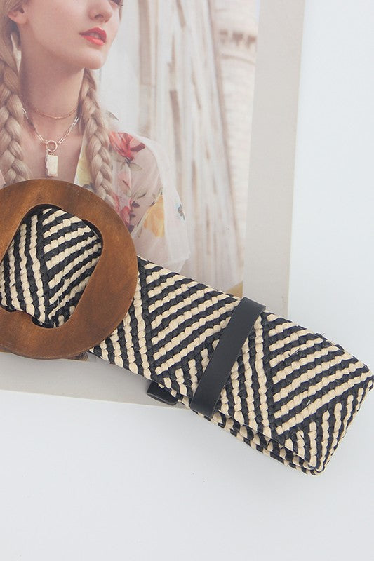 49512BXH-Woven Straw Wooden Buckle Belt