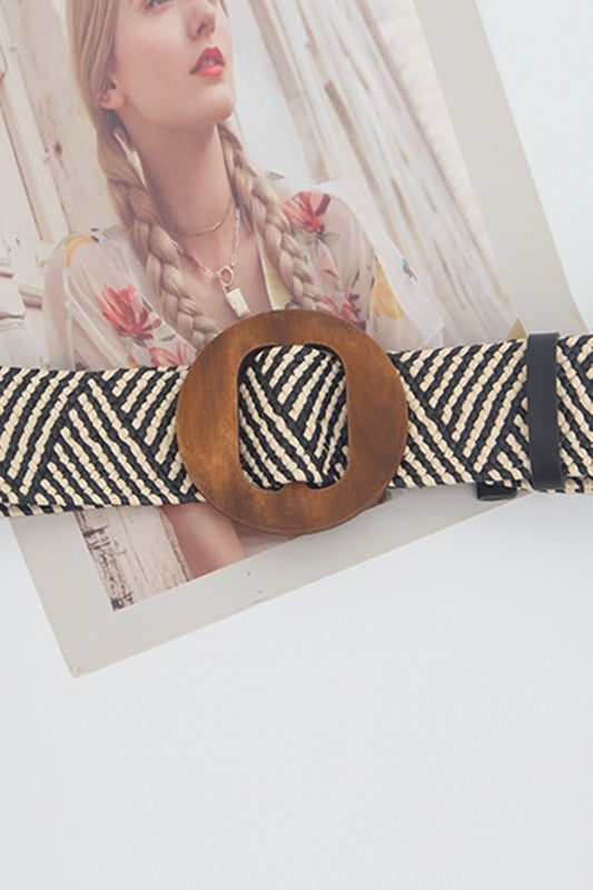 49512BXH-Woven Straw Wooden Buckle Belt