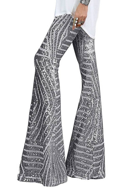 52624PSY-Stylish Sequin High Rise Flare Pants