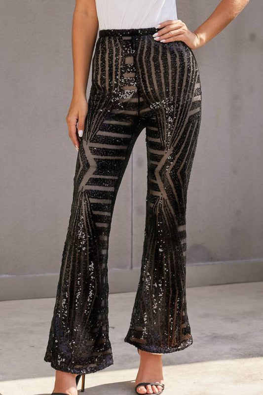 52624PSY-Stylish Sequin High Rise Flare Pants