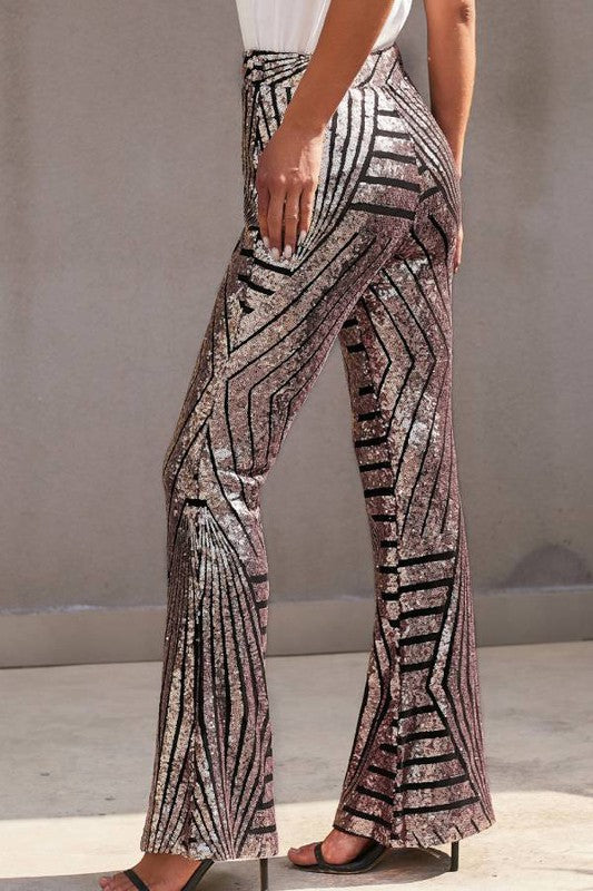 52624PSY-Stylish Sequin High Rise Flare Pants