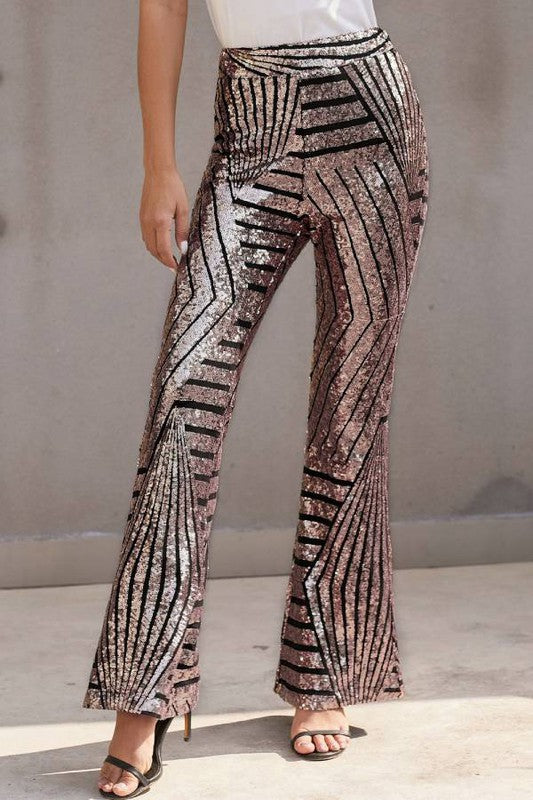 52624PSY-Stylish Sequin High Rise Flare Pants