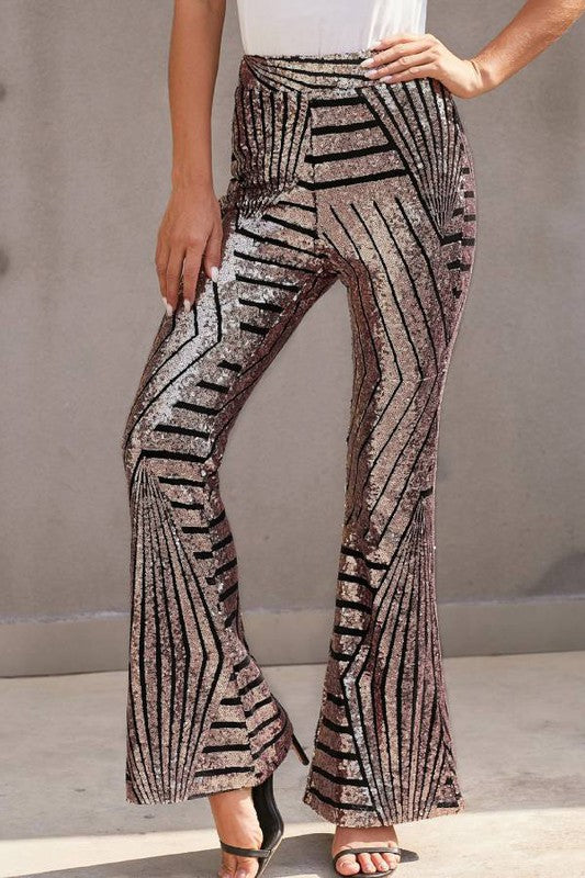 52624PSY-Stylish Sequin High Rise Flare Pants