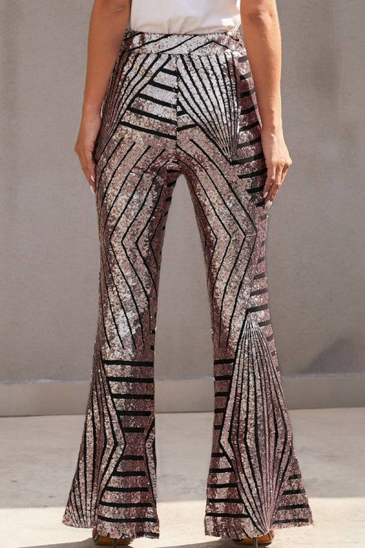 52624PSY-Stylish Sequin High Rise Flare Pants