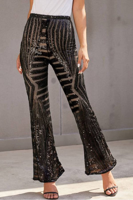 52624PSY-Stylish Sequin High Rise Flare Pants