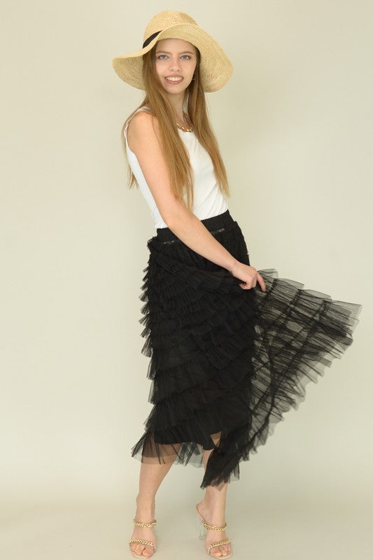 S2301CR54659-Mesh Ruffle Tiered Woven Skirt