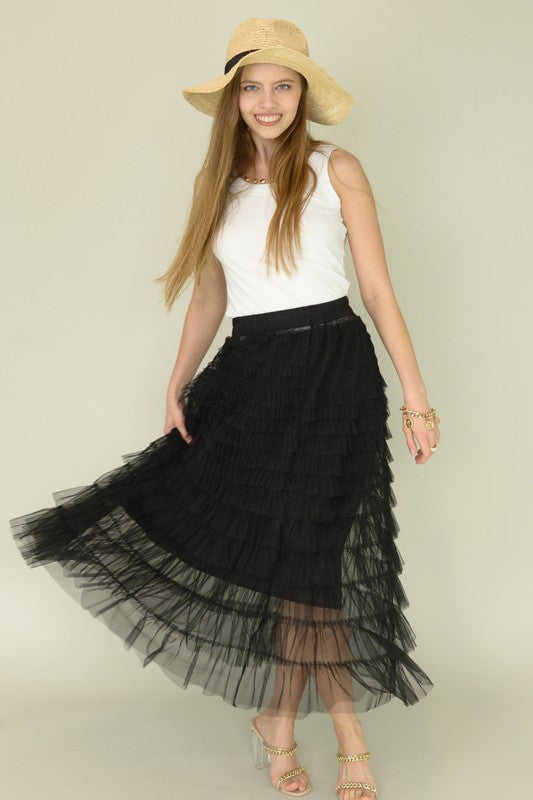 S2301CR54659-Mesh Ruffle Tiered Woven Skirt