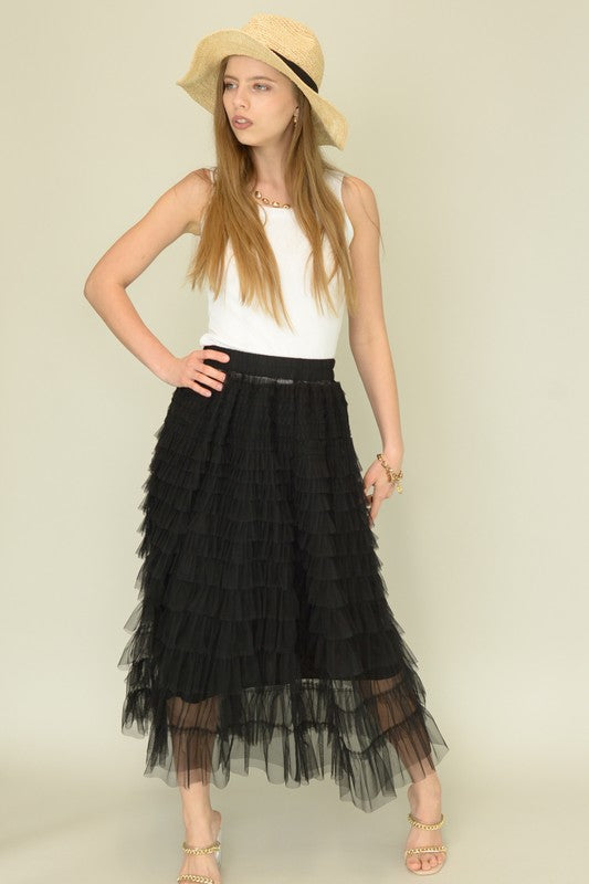 S2301CR54659-Mesh Ruffle Tiered Woven Skirt