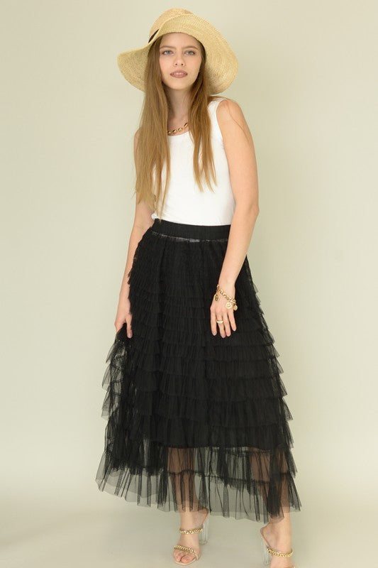 S2301CR54659-Mesh Ruffle Tiered Woven Skirt