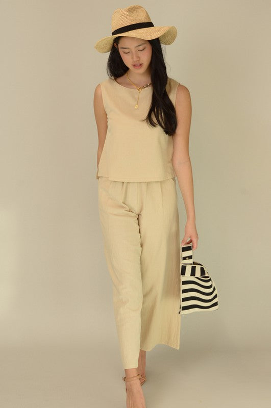 E2301JY88299-Solid Color Sleeveless Top And Pants Woven Set