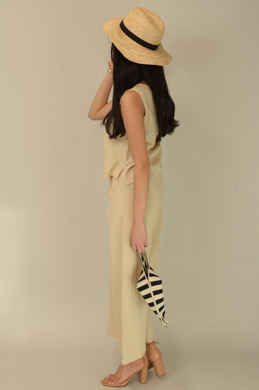 E2301JY88299-Solid Color Sleeveless Top And Pants Woven Set