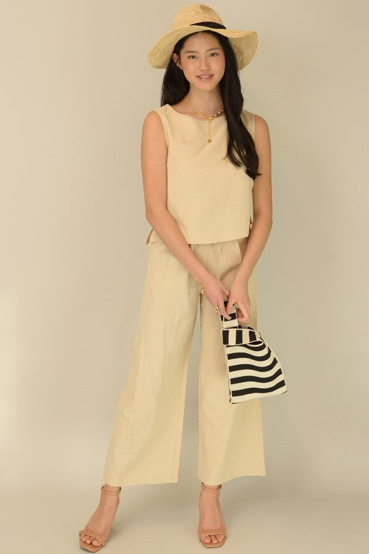 E2301JY88299-Solid Color Sleeveless Top And Pants Woven Set