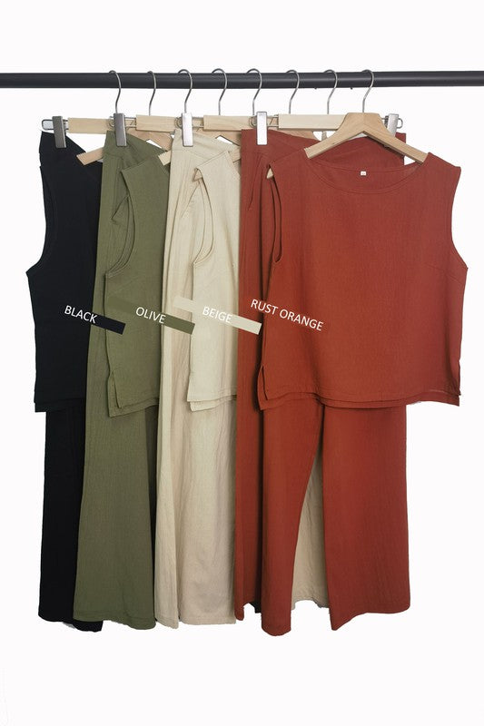 E2301JY88299-Solid Color Sleeveless Top And Pants Woven Set