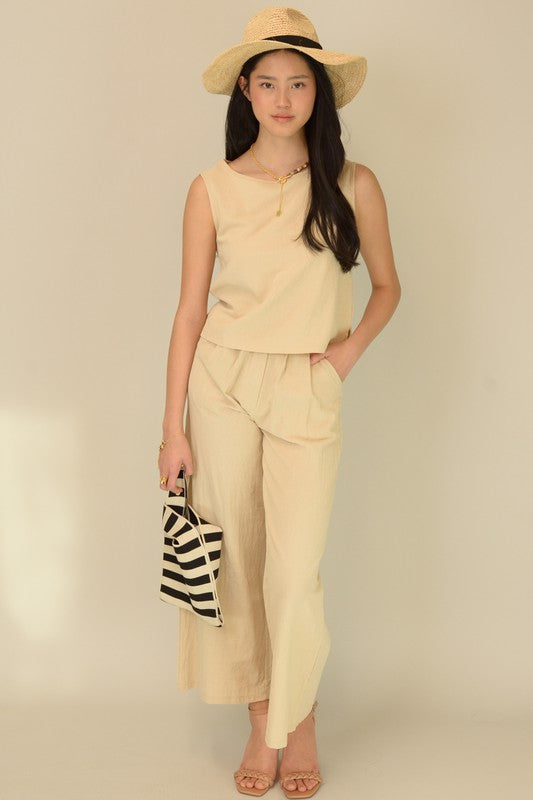 E2301JY88299-Solid Color Sleeveless Top And Pants Woven Set