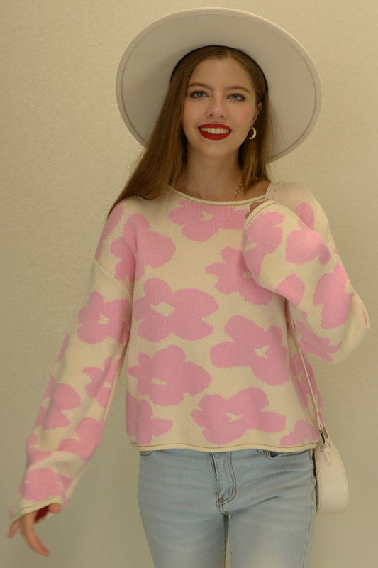 W2306JYYS86876-Lovely Flower Pattern Drop Shoulders Sweater Top